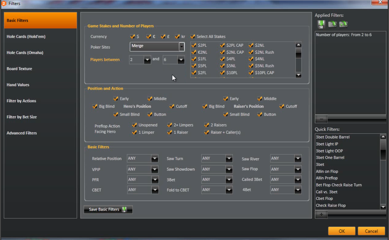 Holdem Manager filtre - Basic Filters