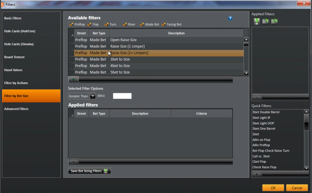 Holdem Manager filtre - Filter By Bet Size