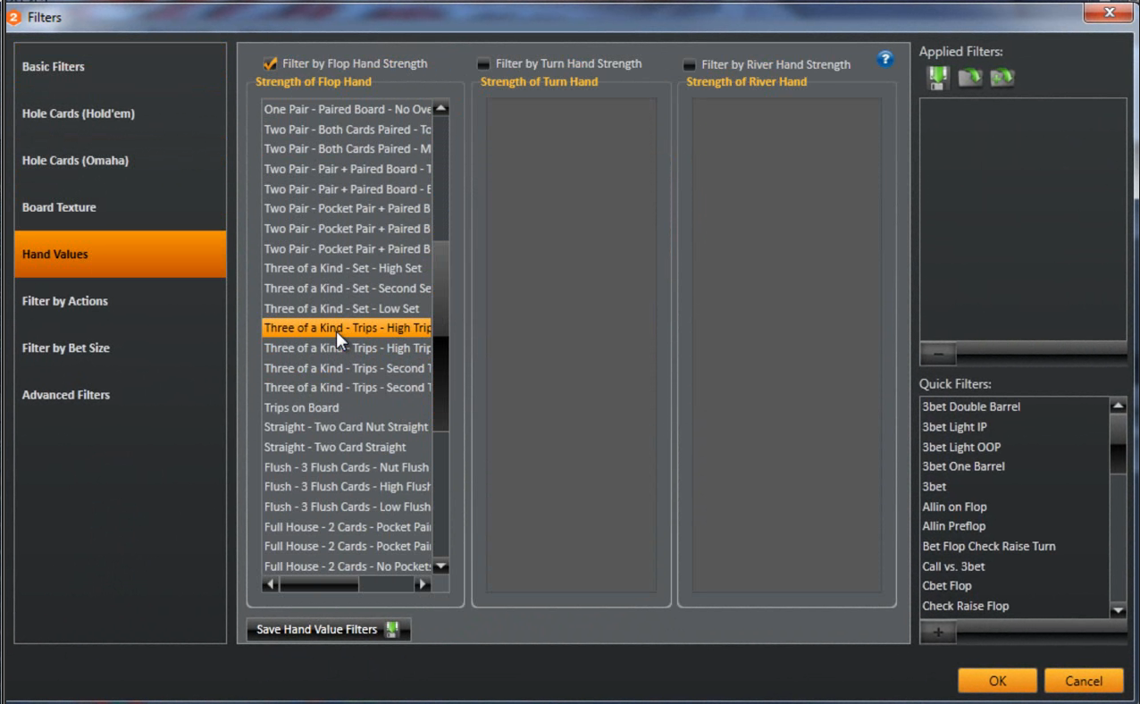 Holdem Manager filtre - Hand Values