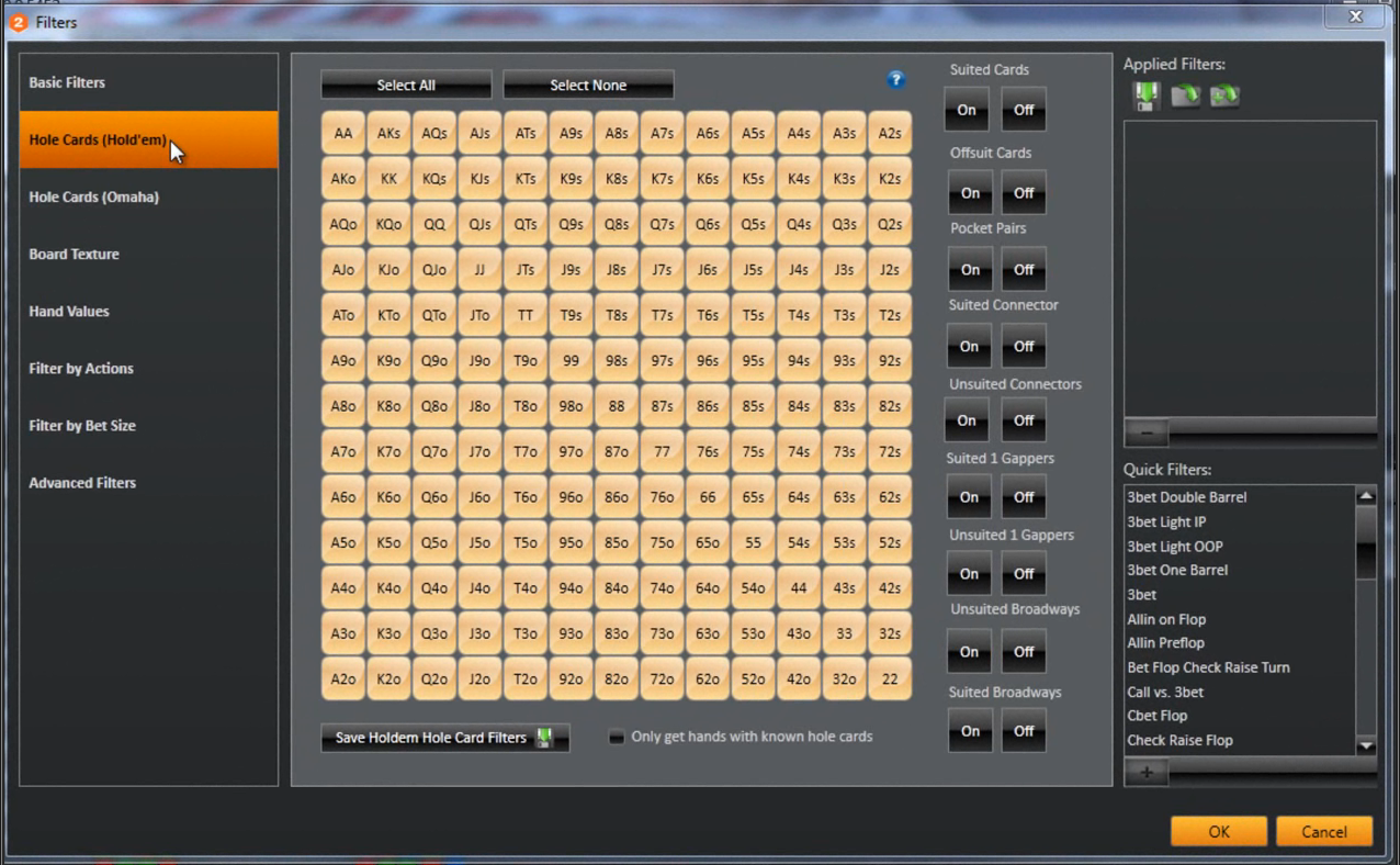 Holdem Manager filtre - Hole Cards Holdem