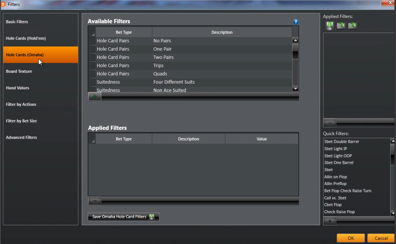 Holdem Manager filtre - Hole Cards Omaha