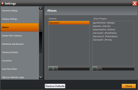 Holdem Manager Settings: Ako nastaviť Alias?