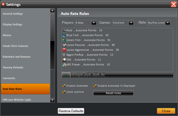 Holdem Manager Settings: Auto Rate Rules (nastavenie automatického hodnotenia hráčov)