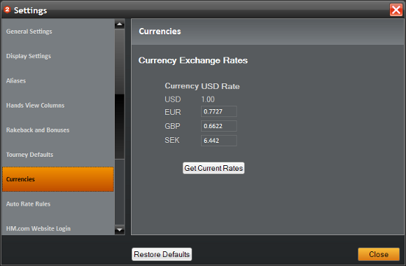 Holdem Manager Settings: Currencies (nastavenie kurzov mien)