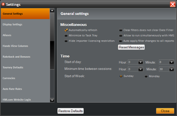 Holdem Manager Settings: General Settings