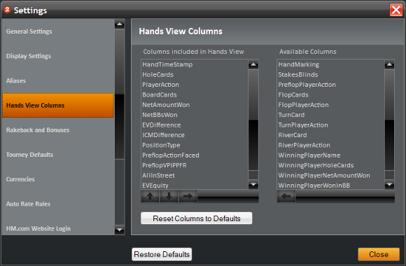 Holdem Manager Settings: Hands View Columns (nastavenie zobrazovania rúk)