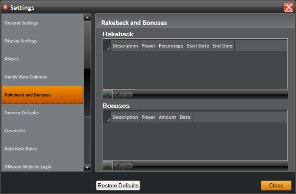 Holdem Manager Settings: Rakeback and Bonuses (nastavenie rakebacku a bonusov)
