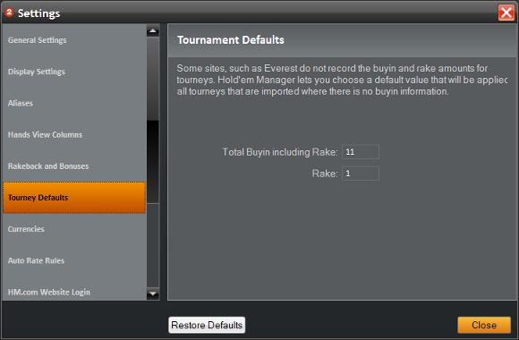 Holdem Manager Settings: Tourney Defaults (nastavenie turnajov)